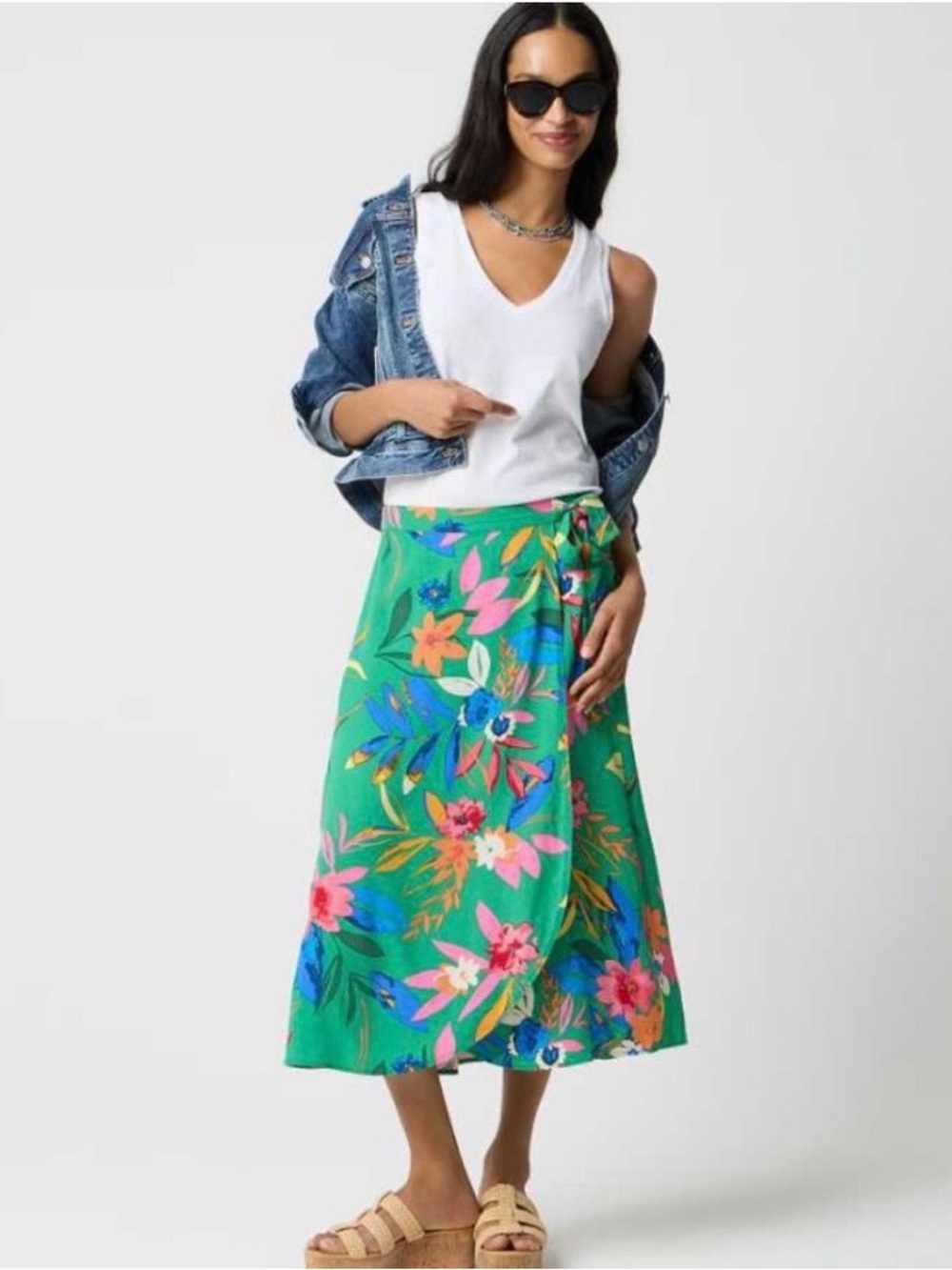 J. Crew Green Floral Faux Wrap Tie-Waist Midi Skirt - Picture 3 of 9